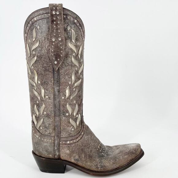 NWOB Lucchese Gray Brown Ornate Studded Snip Toe Western Cowgirl Boot size 6.5 - Picture 2 of 12